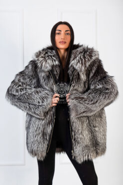 Romy | Luxury Silver Fox Fur Jacket With Big Hood