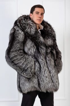 Reggie | Men's Luxury Silver Fox Fur Jacket With Big Hood