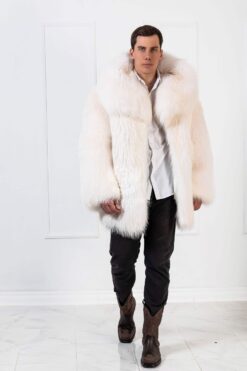 Cosmo | Men's Luxury Scandinavian Artic Beige Finn Raccoon Fur Jacket With Huge Lavish Collar