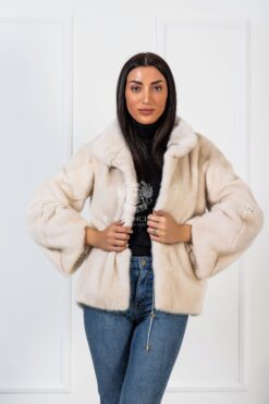 Katniss | Luxury Scandinavian Pearl Beige Mink Fur Jacket With Stand Collar