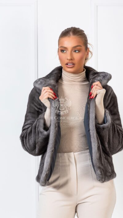 Giorgia | Luxury Scandinavian Blue Iris Mink Fur Jacket With Stand Up Collar