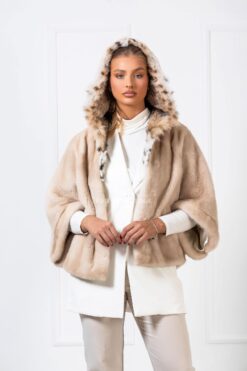 Ludovica | Luxury Scandinavian Palomino Mink Fur Cape-Jacket With Lavish Lynx Fur Hood