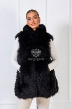 Ione | Luxury Black Fox Fur Vest With Stand Up Collar