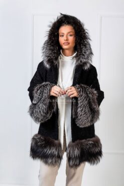 Sonnet | Luxury Black Astrakhan Lamp Fur Jacket With Silver Fox Trim & Hood