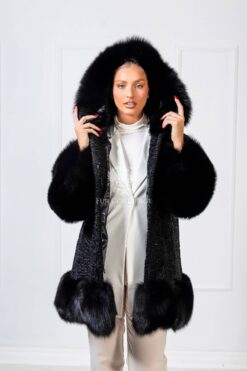 Gwynne | Luxury Black Astrakhan Lamp Fur Coat Jacket With Saga Black Fox Trim & Hood