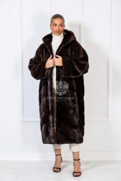 Chiara | Luxury Scandinavian Mahogany Mink Full Length Fur Coat Diagonal Cut With Lavish Hood