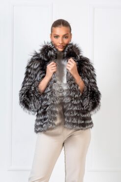 Talulla | Luxury Silver Fox Fur Jacket With Stand Up Collar