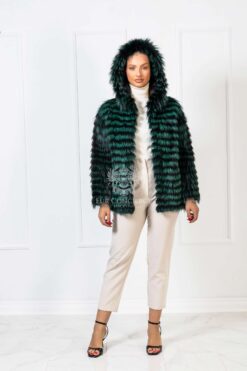 Wisteria | Luxury Green Silver Fox Fur Jacket With Hood