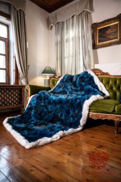 Milan | Real Luxurious Blue American Raccoon Fur Blanket–Throw With Scandinavian Blue Fox Fur Stripe